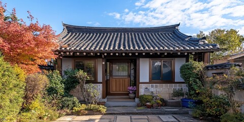 Fototapeta premium A traditional style home surrounded by colorful autumn foliage