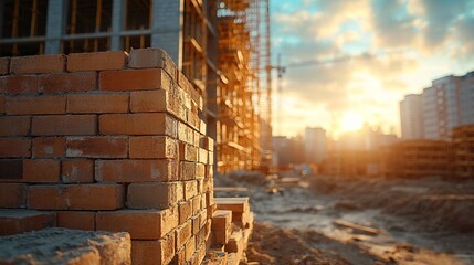Construction Site at Sunset with Bricks and Rising Buildings