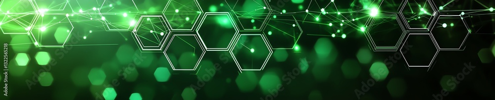 Poster a vibrant green abstract background featuring hexagons and luminous bokeh effects, symbolizing innov