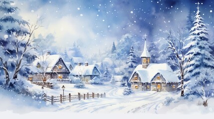 Winter Holiday Scene in a Snowy Village with Clean Lines Watercolor Illustration