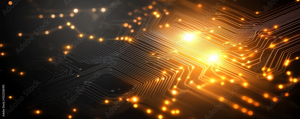 Poster an abstract representation of modern technology featuring glowing circuits and vibrant lights, symbo