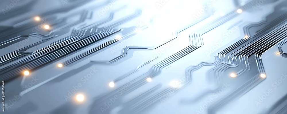 Poster a close-up view of a modern circuit board with intricate designs and glowing lights, representing ad
