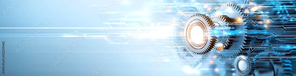 Poster a dynamic and futuristic representation of technology with gears and digital elements, symbolizing i