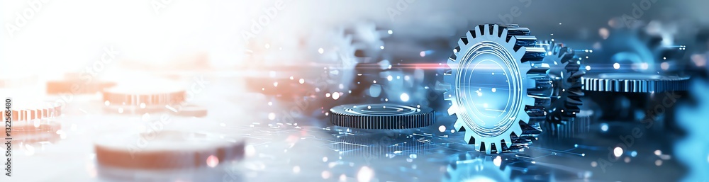 Poster a futuristic representation of gears and cogs intertwined with digital light effects, symbolizing th