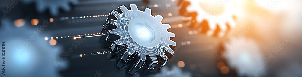 Poster a close-up of metallic gears in motion, representing technology and industry. this image highlights 