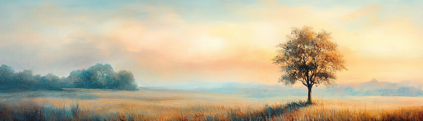 Obraz premium Serene sunrise over a tranquil landscape nature scene open field calm environment wide viewpoint