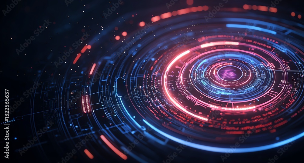 Poster an abstract digital background featuring vibrant neon circles, glowing elements, and intricate patte