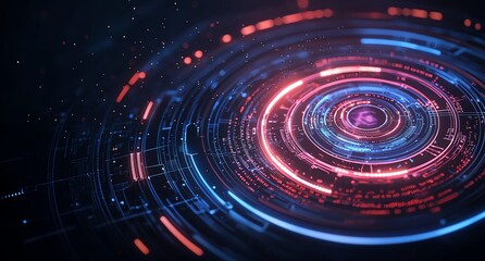 Fototapeta premium An abstract digital background featuring vibrant neon circles, glowing elements, and intricate patterns that evoke a sense of advanced technology and futuristic design.