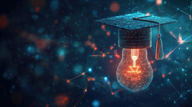 A futuristic academic concept blending digital elements with a graduation cap and a glowing bulb on a blue theme.