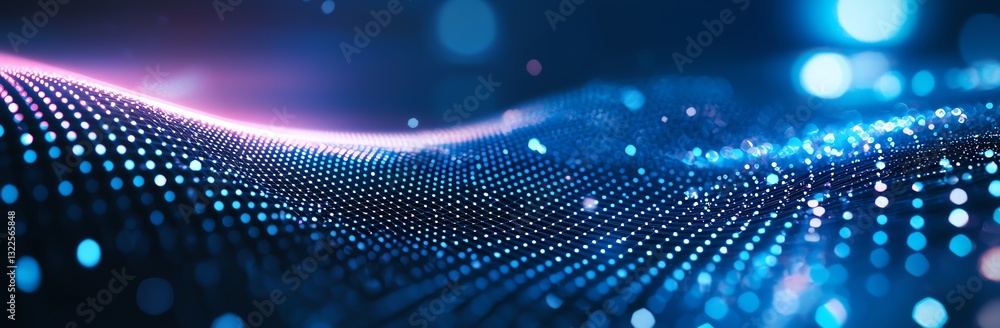 Poster a mesmerizing digital wave of blue dots and glowing lights, representing data flow and technology in