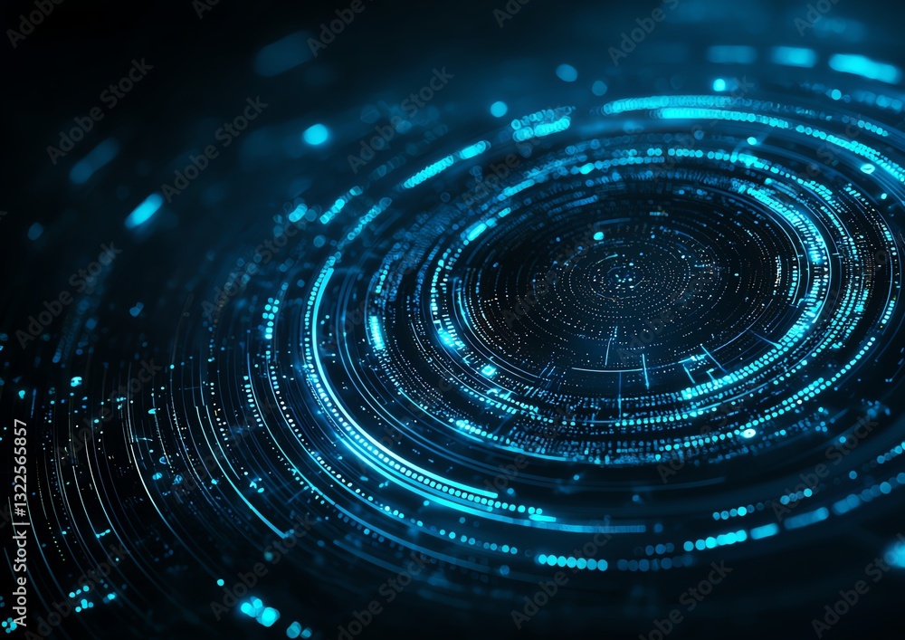 Poster a mesmerizing abstract digital background featuring glowing blue circular patterns, symbolizing data
