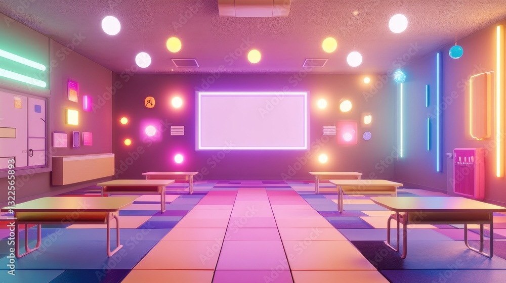 Poster a futuristic ai-powered virtual classroom showcasing floating education-related icons in a glowing d