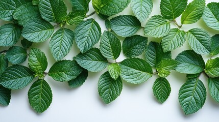 Vibrant Green Leaves on White Background, Botanical Photography