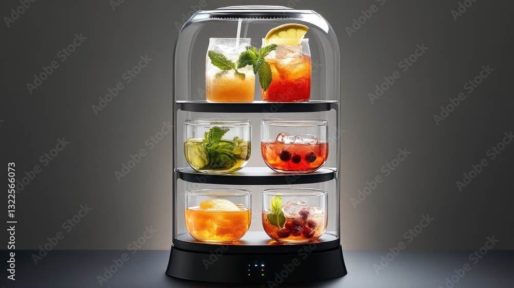 Poster a futuristic beverage dispenser customizing drinks based on ai-analyzed taste preferences.