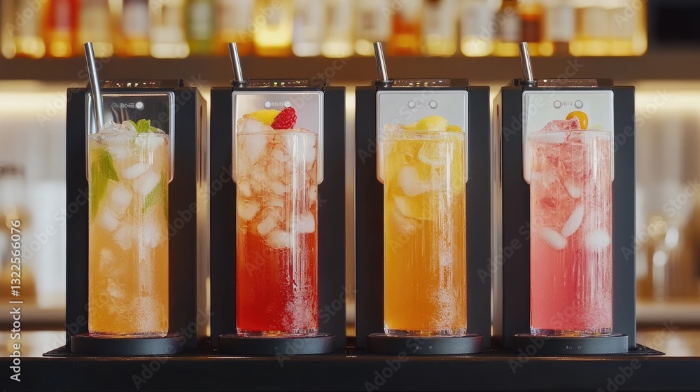 Poster a futuristic beverage dispenser customizing drinks based on ai-analyzed taste preferences.