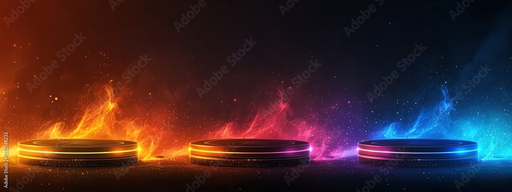 Poster a vibrant display of colorful flame-like effects surrounding empty circular platforms. ideal for cre