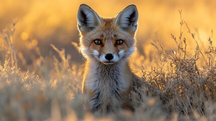 Fototapeta premium Red fox kit in golden sunset light, hiding in tall grass.