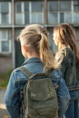 Young Blonde Girl Wearing Denim Jacket With Mother Standing Nearby Outdoors