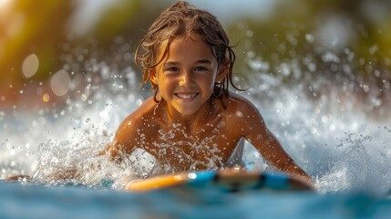 Obraz premium Young Boy Riding a Wakeboard on the Water with Clean Lines and Action