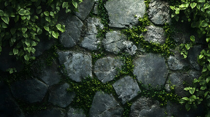 Overgrown garden wall with ivy creeping through the cracks and moss softening the worn stone texture