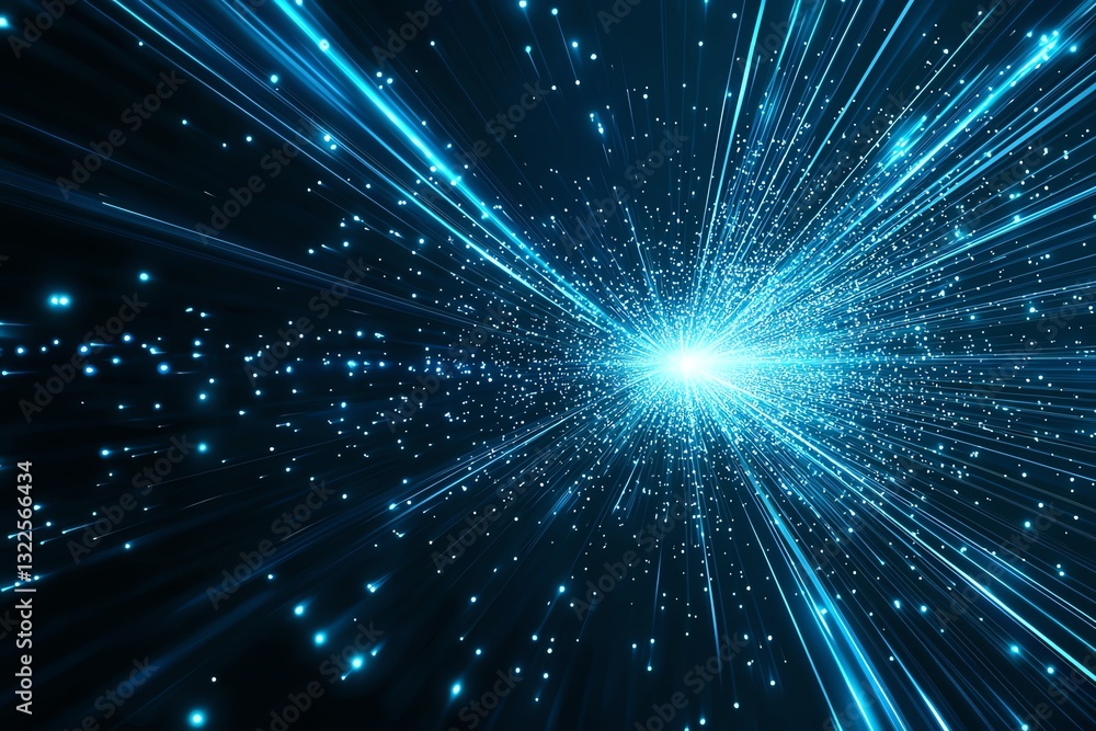Poster a mesmerizing visual of glowing blue light beams radiating from a central point, creating a dynamic 