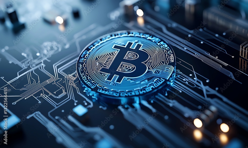 Poster close-up view of a bitcoin on a microchip, showcasing digital currency's integration in blockchain t