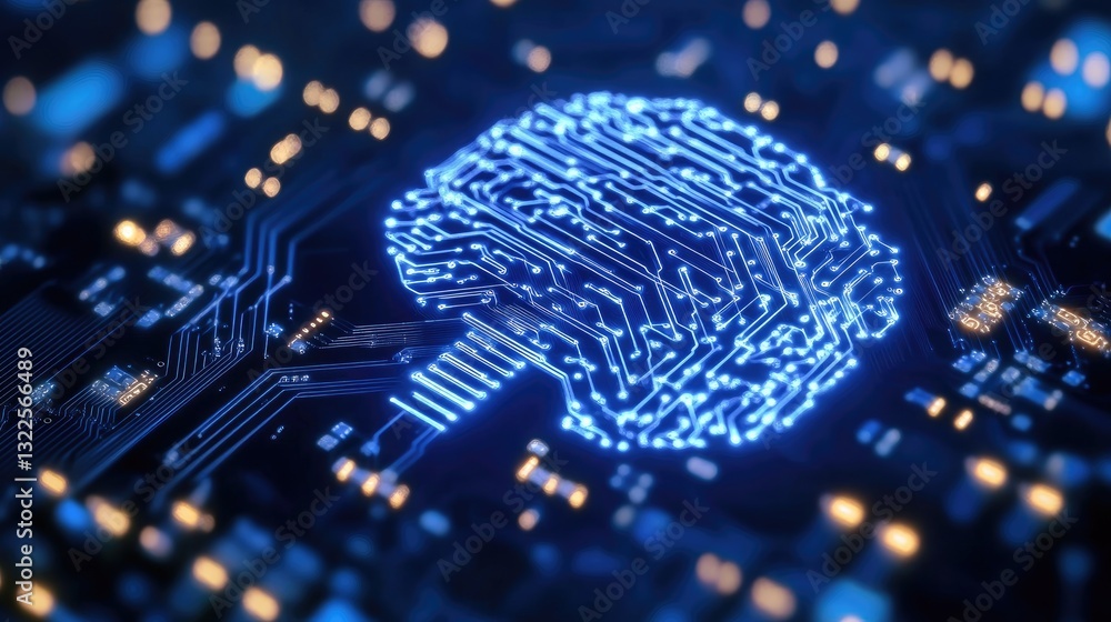 Poster a futuristic cybernetic technology logo embedded in a motherboard, representing digital intelligence