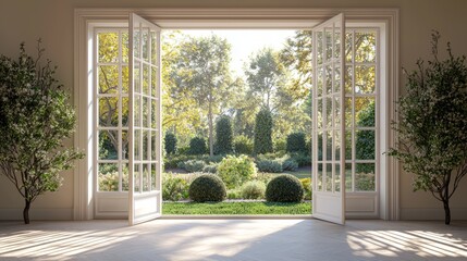 Fototapeta premium Serene View of Lush Garden Through Open French Windows in Bright Room
