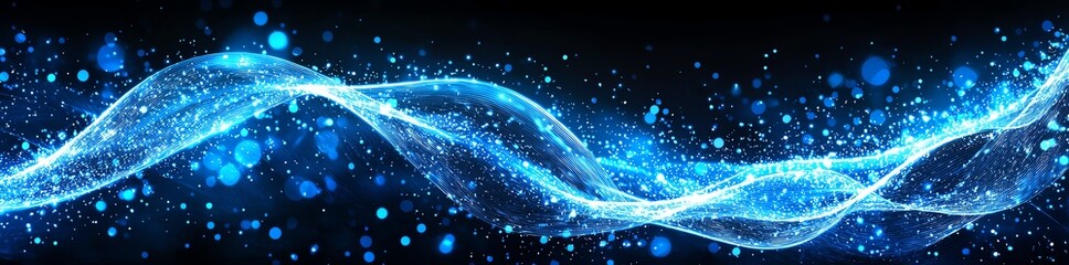 Obraz premium An abstract representation of flowing light and energy, featuring vibrant blue tones and sparkling particles against a dark background, ideal for creative projects and designs.