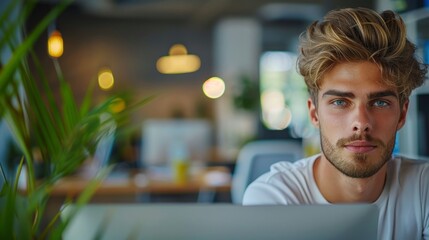 Obraz premium Young Businessman Working at Desk with Computer Monitor in Creative Office Environment