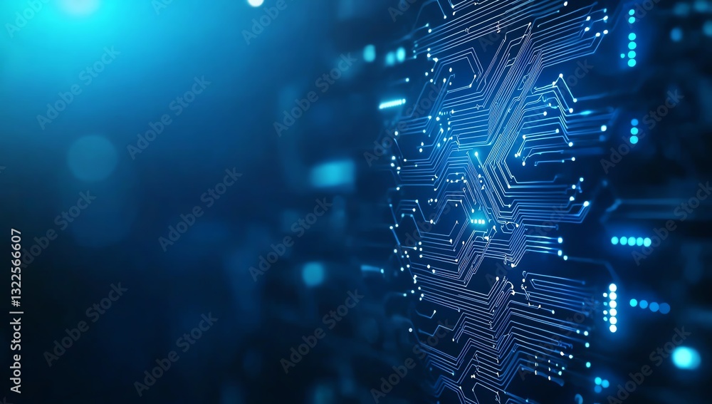 Poster a close-up view of a futuristic circuit board illuminated by blue light. the intricate design showca