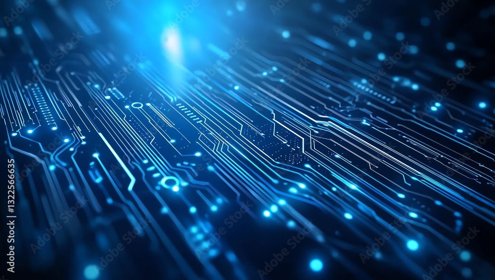 Poster a close-up view of intricate blue circuit patterns glowing in a digital environment. this image repr