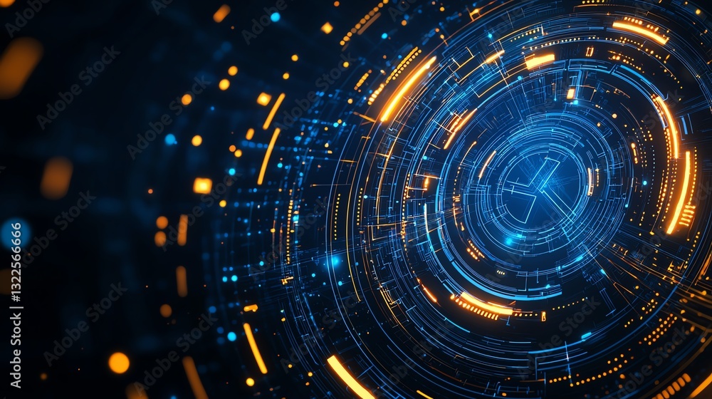 Poster a futuristic digital abstract background featuring glowing circles and sparks in blue and orange, re