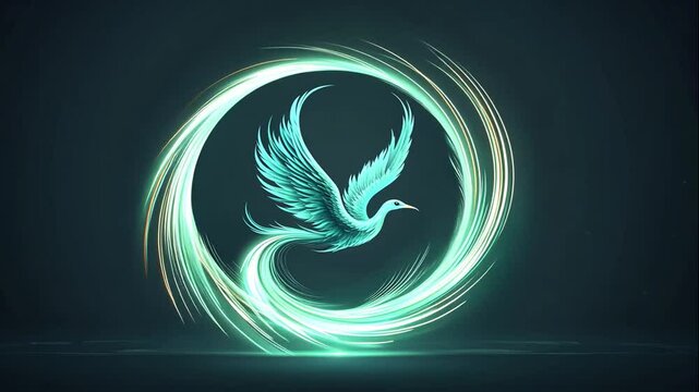 Teal Bird in Luminous Circle: Abstract Digital Art