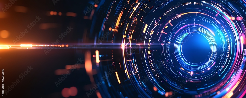 Poster a captivating abstract digital design featuring vibrant circular patterns and glowing lights, repres