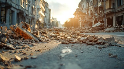 Desolate Urban Landscape After Earthquake with Broken Debris and Sunrise