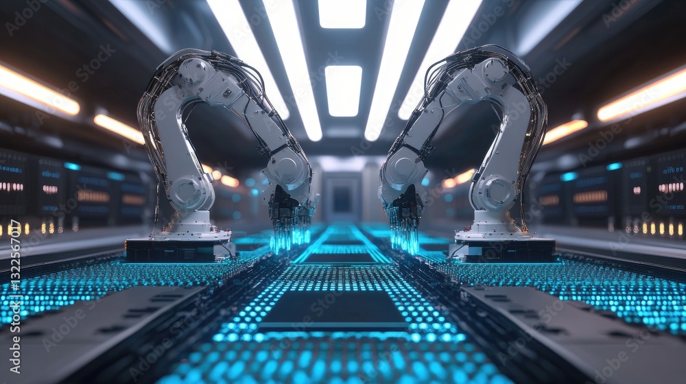 Poster a futuristic electronics production line assembling microchips with precision robotics.