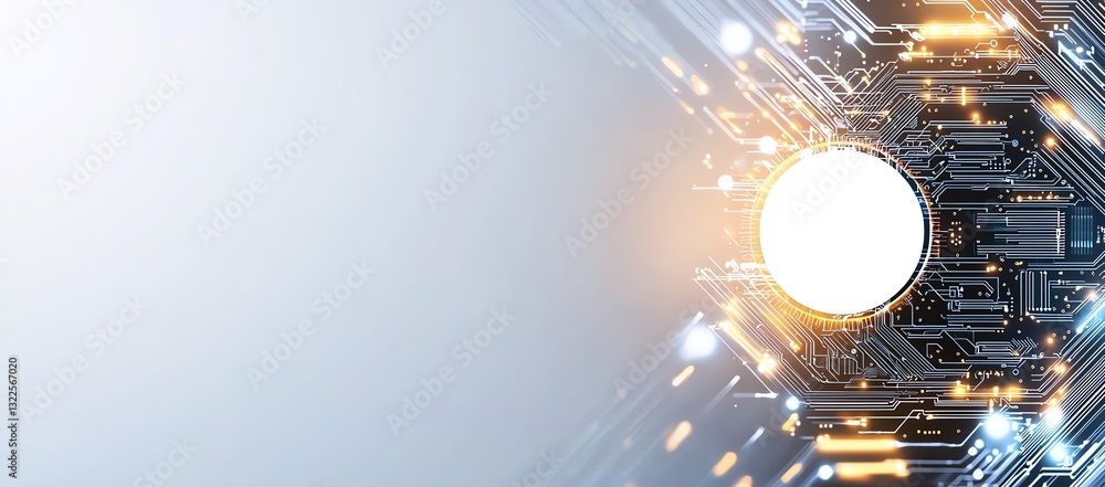 Poster a futuristic digital design featuring glowing circuits and a central bright orb, symbolizing innovat