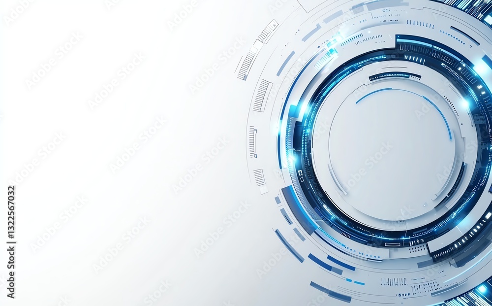 Poster futuristic abstract technology background featuring geometric shapes and glowing circular elements. 