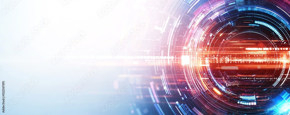 Poster this futuristic image features vibrant light trails and abstract patterns, symbolizing advanced tech