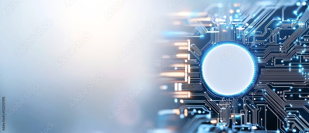 Poster a close-up view of a circuit board with blue lighting, highlighting modern digital technology and in