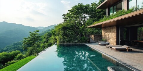 Luxurious mountain home featuring a beautiful outdoor swimming pool and deck