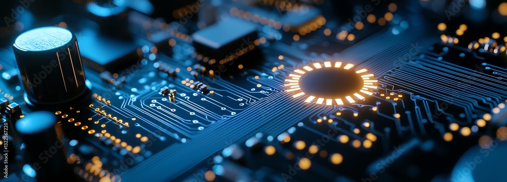 Poster a close-up view of a modern circuit board with intricate details and glowing lights, showcasing the 