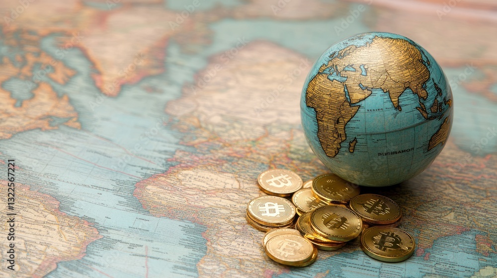 Poster a futuristic finance theme showing a close-up of a world globe resting on a digital trade map with c