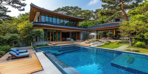 A modern home with a beautiful outdoor swimming pool