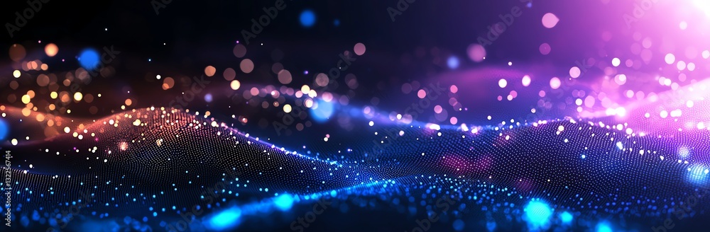 Poster a stunning abstract background featuring dynamic waves of colorful light and shimmering particles, c