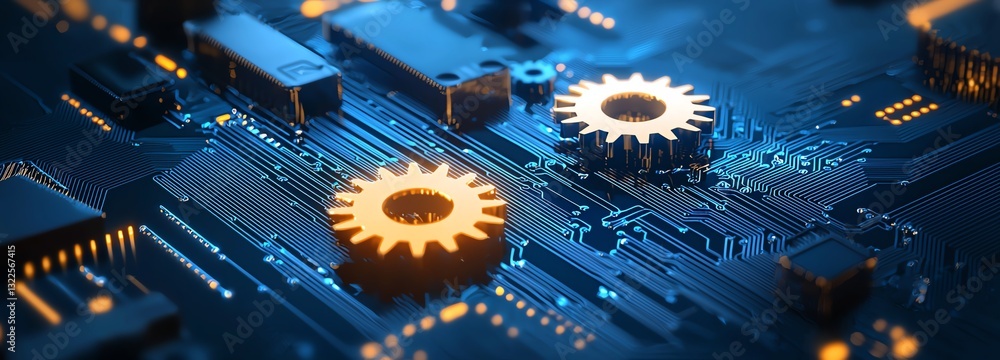 Poster a close-up image of intricate gears on a circuit board, showcasing the blend of mechanical and elect