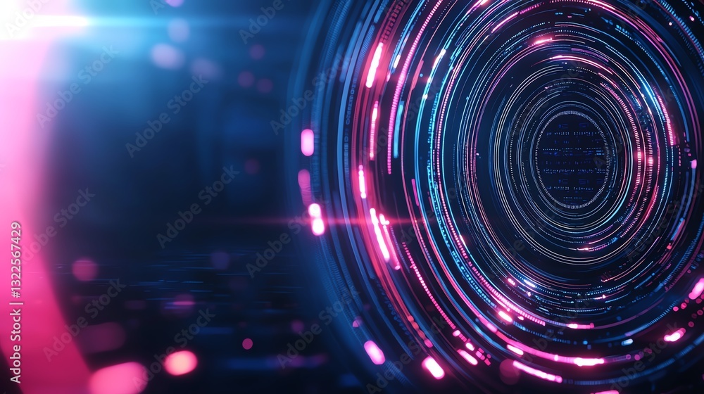 Poster a stunning abstract image featuring vibrant neon circles and lights, conveying a sense of depth and 