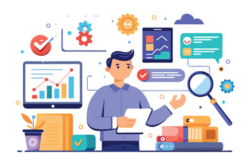 Obraz premium business team analysis and monitoring concept on web report dashboard monitor. data analysis research flat vector illustration design for business financial planning concept, flat vector illustration