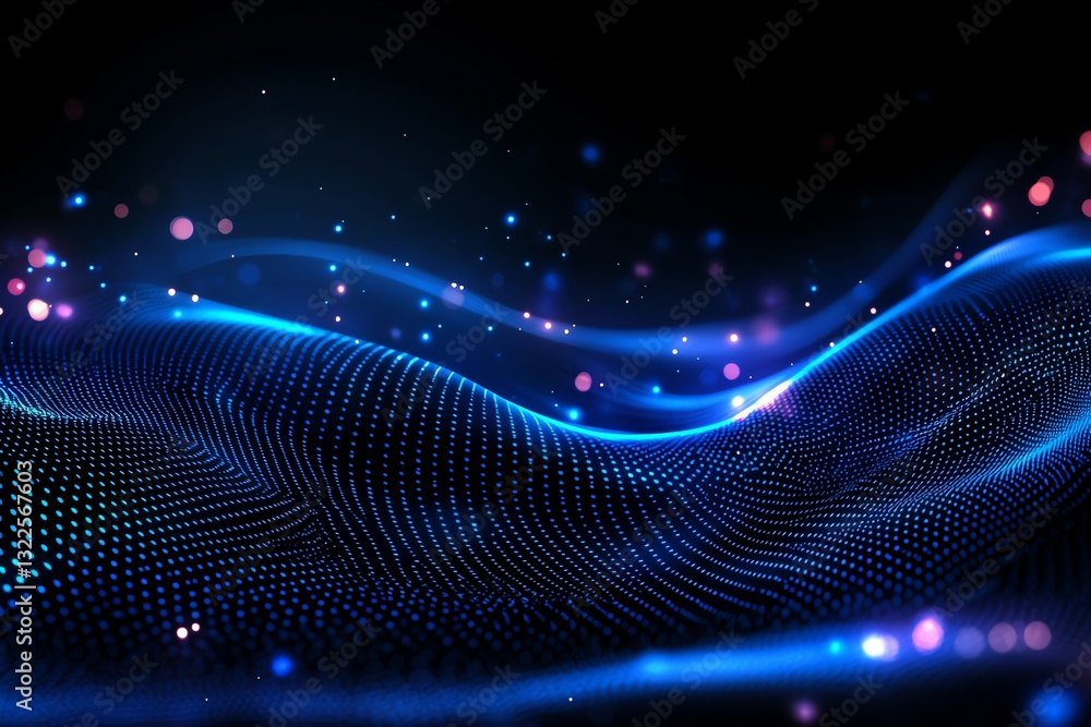 Poster vibrant abstract waves of glowing dots and lines in shades of blue and pink, creating a dynamic flow